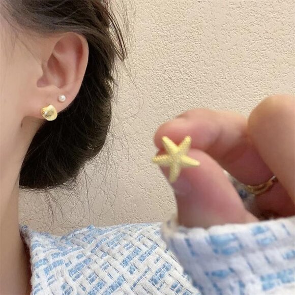 4pcs Ocean Sea Theme Starfish Shell Pearl Conch Earrings Set in Hypoallergenic S - Picture 4 of 6